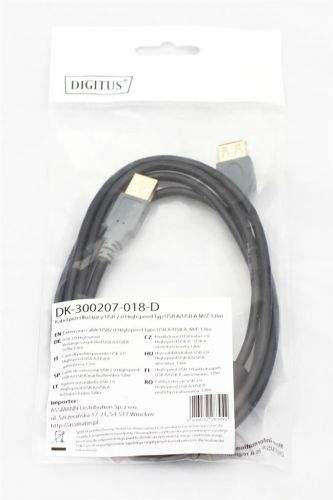 Kabel Digitus USB prodlužovací A-A, 2xstíněný 5m, černošedý, pozlacené kontakty