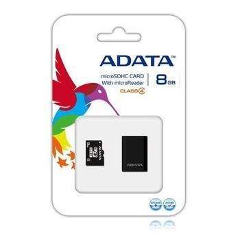 A-DATA microSDHC 8GB + čtečka, AUSDH8GCL4-RM3BKBL, paměťová karta, microSD, SDHC class 4, včetně čtečky USB 2.0 microSD