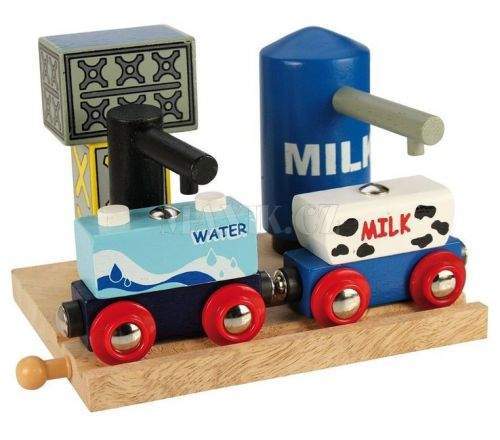 Bigjigs rail Skladiště mléka a vody + 2 vagonky