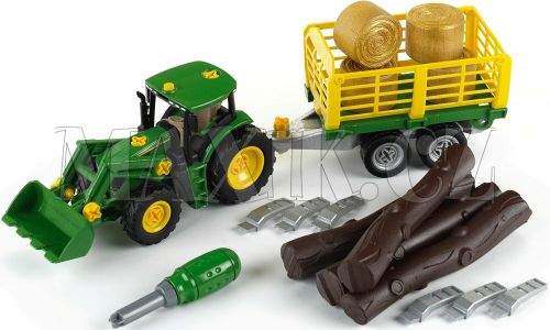 Klein John Deere Traktor s přívěsem na dřevo a seno