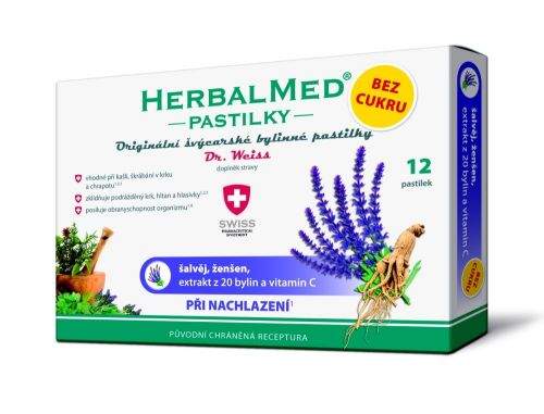 HerbalMed pastilky Dr.Weiss BEZ CUKRU Šalvěj+ženšen+vitamin C 12 pastilek