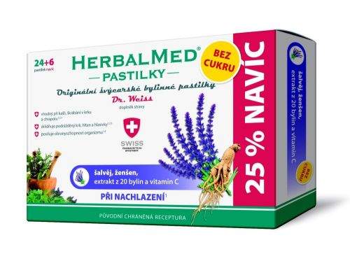 HerbalMed pastilky Dr.Weiss BEZ CUKRU Šalvěj+ženšen+vitamín C 24+6 pastilek