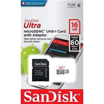 SanDisk MicroSDHC 16GB Ultra Android Class 10 UHS-I + SD adaptér