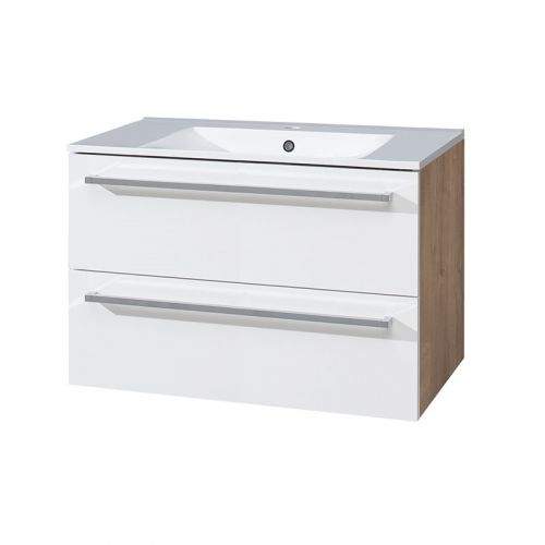 MEREO Bino koupelnová skříňka s keramickým umyvadlem 80 cm,bílá/dub, 2 zásuvky CN671