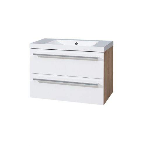 MEREO Bino koupelnová skříňka, umyvadlo litý mramor, 80 cm, bílá/dub, 2 zásuvky CN671M