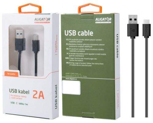 Aligator Datový kabel , USB-C, 2A, 1m, prodloužený konektor 9mm, černý
