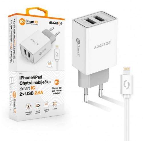 Aligator síťová nabíječka, 2x USB, kabel Lightning 2A, smart IC, 2,4 A, bílá