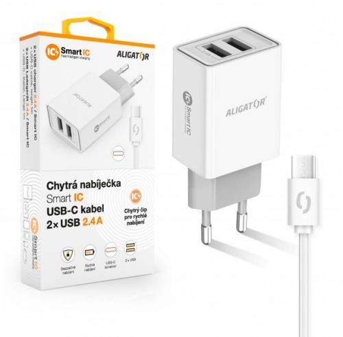 Aligator síťová nabíječka, 2x USB, kabel USB-C 2A, smart IC, 2,4 A, bílá