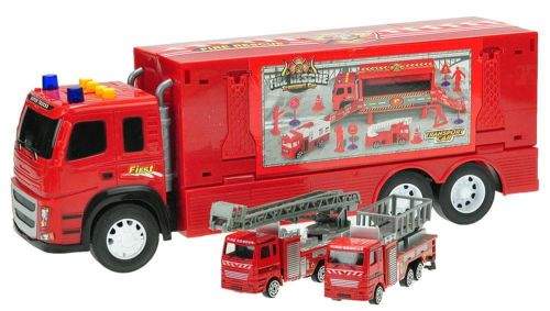 Mikro hračky Kamion 40 cm na setrvačník na baterie se světlem a zvukem + 2 auta hasiči kov 12 cm