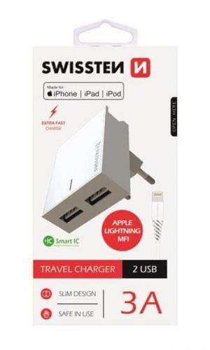 SWISSTEN Síťový adaptér smart IC, CE 2x USB 3 A power bílý + datový kabel USB / lightning, 22045000