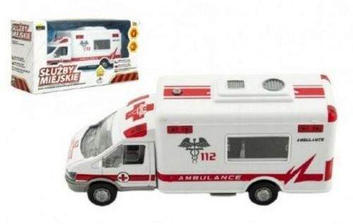 Dromader Auto ambulance městské služby plast 15cm na baterie se zvukem se světlem v krabici 19x10x7cm