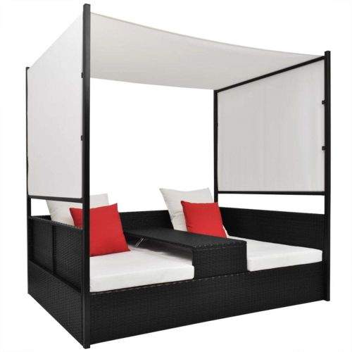 shumee Zahradní postel s baldachýnem černá 190 x 130 cm polyratan