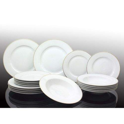 Marex Trade Sada porcelánových talířů 18 ks, bílá se zlatým proužkem