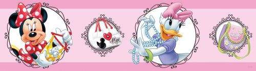 AG design Samolepící bordura Myška Minnie a Daisy s medailony na růžovém pozadí 5 m x 14 cm