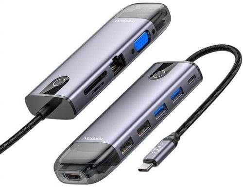 Mcdodo 10 v 1 Hub (HDMI; 2×USB-A 2.0; 2× USB-A 3.0; VGA USB-C(PD 100W); Gigabit LAN; SD/TF Card Slot) Šedý HU-7420