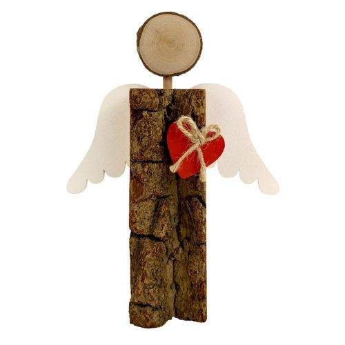 AMADEA Dřevěný anděl s kůrou s bílými křídly a čeveným srdcem, masivní dřevo, 16x14,5x3 cm
