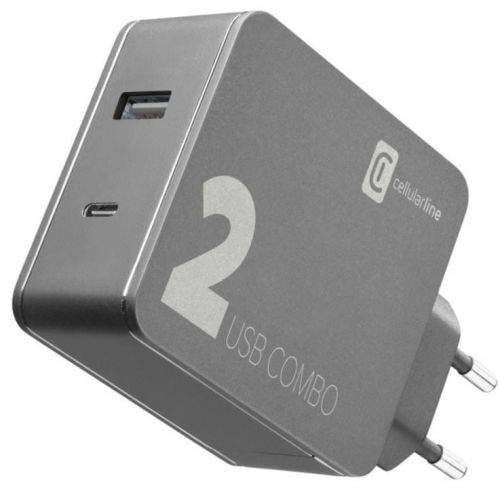 CellularLine Síťová nabíječka Multipower 2 Combo USB-C portem, 42W, černý ACHITUSB2PD42K