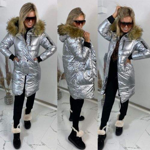 Milujtemodu Super dlouha zimní bunda SILVER s kožichem Velikosti oblečení: L, Barva aktualni: Stříbrná
