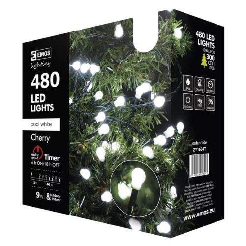 Emos 480 LED řetěz – kuličky, 48 m, studená bílá, časovač