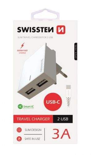 SWISSTEN Síťový adaptér SMART IC, CE 2x USB, 3 A, bílý (22043000)