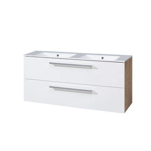 MEREO Bino koupelnová skříňka s keramickým dvoumyvadlem 120 cm, bílá/dub, 2 zásuvky CN673