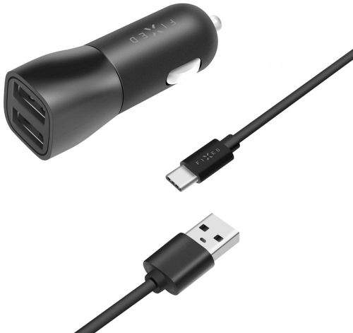 Fixed Set autonabíječky s 2× USB výstupem a USB/USB-C kabelu, 1 m, 15W Smart Rapid Charge FIXCC15-2UC-BK, černá