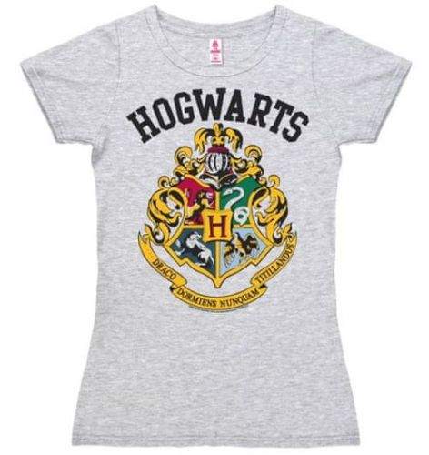 CurePink Dámské tričko Harry Potter: Hogwarts Logo (XS) šedé bavlna