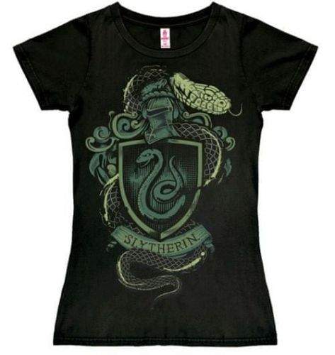 CurePink Dámské tričko Harry Potter: Slytherin Logo (S) černé bavlna