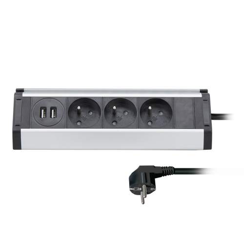 Solight prodlužovací přívod, 3 zásuvky + 2X USB, 1,5m, 3 x 1mm2, hliník, rohový design 8592718026974