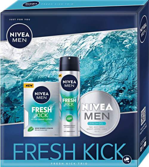 Nivea Men Fresh Kick voda po holení 100 ml + antiperspirant sprej 150 ml + Men gel-krém 150 ml, kosmetická sada pro muže