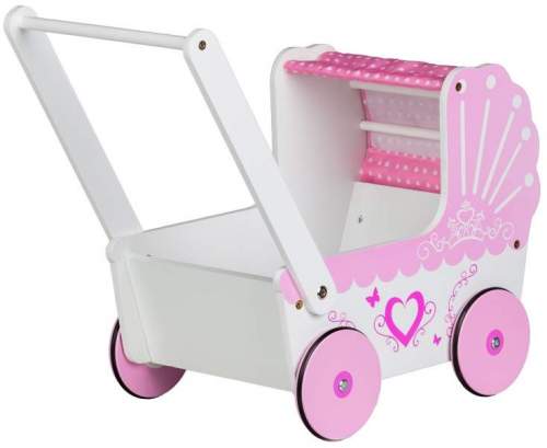 Eco toys Dřevěný kočárek pro panenky SRDCE růžový