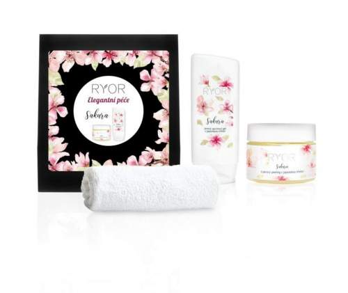RYOR Sakura Elegantní péče Sprchový gel 200 ml + Peeling 325 gramů + ručník 1kus dárkové balení