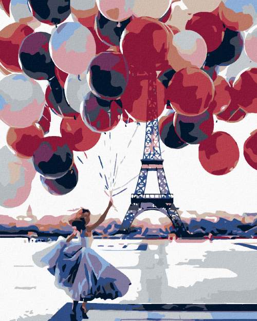 Malování podle čísel - Žena s mnoha balonky u Eiffelovky, 40x50 cm, vypnuté plátno na rám