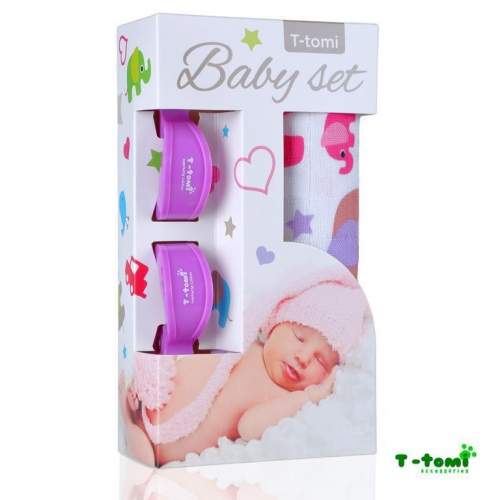 T-tomi Baby set - bambusová osuška + kočárkový kolíček Růžoví sloni/fialový