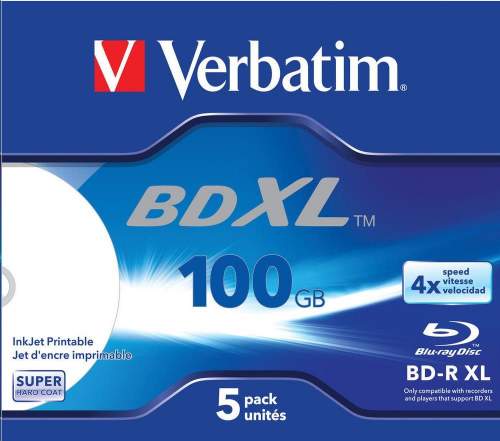 Verbatim BD-R XL, 4x, 100GB, 5 ks, jewel, printable