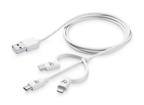 CellularLine USB kabel  se třemi adaptéry Lightning + Micro USB + USB-C, bílý