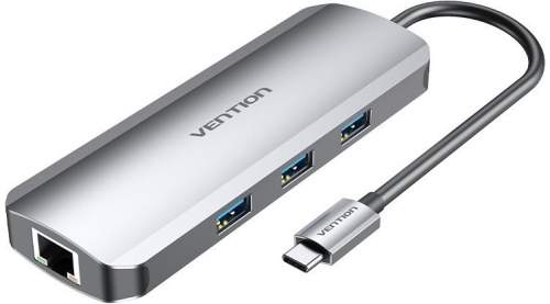 Vention Type-C (USB-C) to HDMI / 3x USB3.0 / RJ45 / SD / TF / 3.5mm / PD 0.15M Gray Aluminum Alloy T (TOLHB)