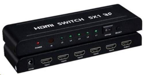 PremiumCord HDMI switch 5:1 kovový s dálkovým ovladačem a napájecím adaptérem khswit51b