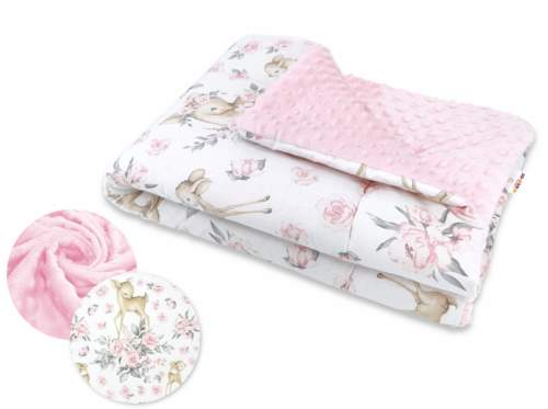 Baby Nellys Oteplená bavlněná deka s Minky, Srnka a růže - růžová