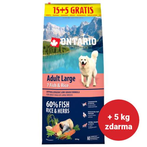 ONTARIO Dog Adult Large Fish & Rice 15+5 kg 20kg