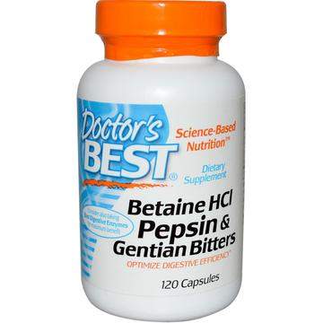 Doctor’s Best Betaine HCl + Pepsin & Gentian Bitters (hořec), 120 kapslí