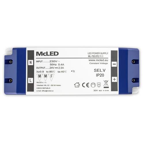 Nábytkový LED napájecí zdroj McLED 24VDC 60W 2,5A ML-732.072.11.1