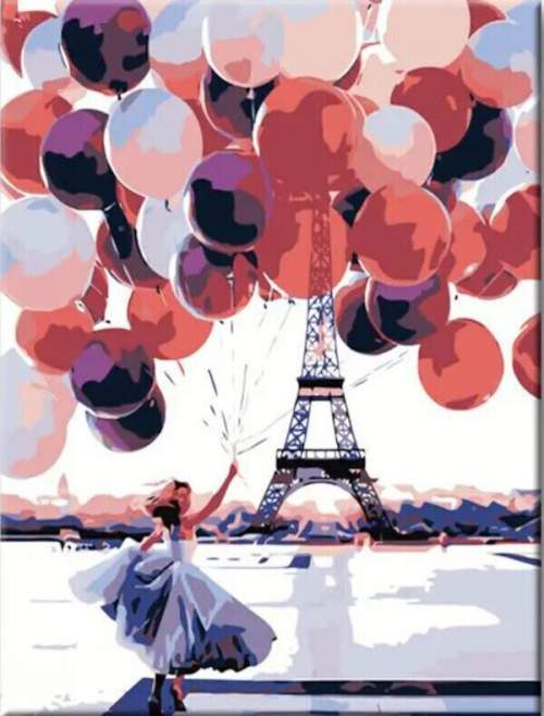 Zuty Malování podle čísel Žena s mnoha balony před Eiffelovou věží