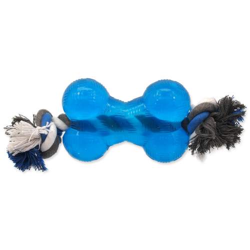 DOG FANTASY Strong kost gumová s provazem modrá 13,9 cm