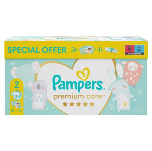 PAMPERS Toy Box Premium Care pleny S2 136 ks, 4-8kg + ubrousky Aqua Pure