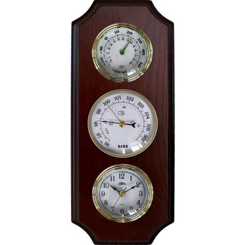 Dřevěné nástěnné hodiny s teploměrem a barometrem