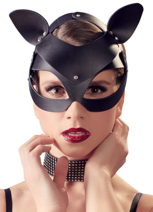 Bad Kitty - koženková kočičí maska s kamínky (černá)