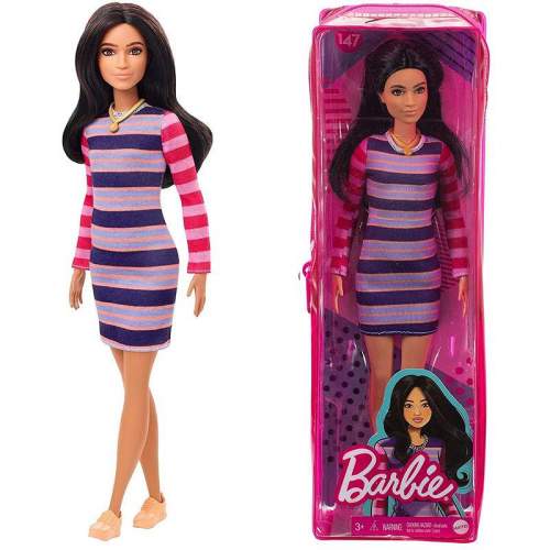 Mattel Barbie Modelka 147 - Pruhované šaty s dlouhými rukávy