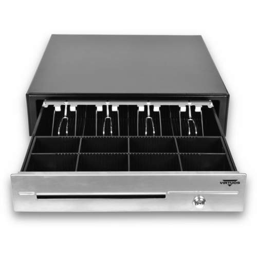 Virtuos pokladní zásuvka C430D - s kabelem, kovové držáky, nerez panel, 9-24V, černá, EKN0116