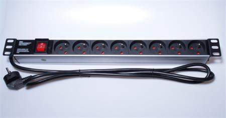 PremiumCord panel napájecí 1U do 19" racku, 8x230V, 2m kabel, vypínač PDU-F10G08S